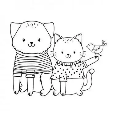 可爱的猫与狗在树干林地字符可爱的猫与狗在树干林地字符矢量插图设计