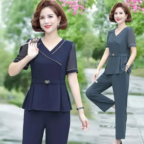 妈妈夏装短袖套装洋气减龄五十岁中年夏天时尚中老年女装