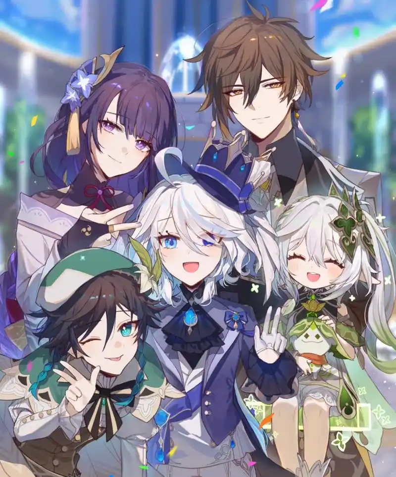 五神合照,芙宁娜站c位,有种像是一家人的既视感[awsl]#原神#  画师:sp