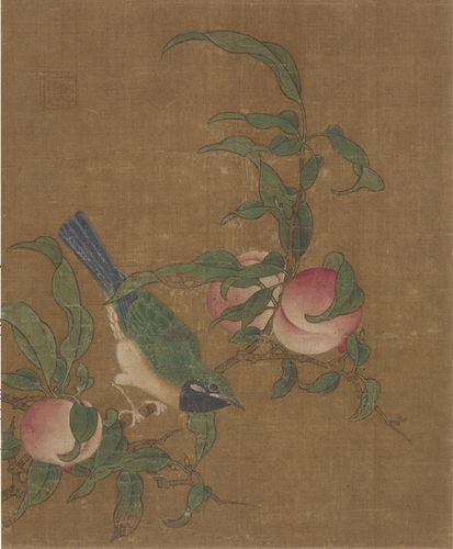 工笔画底稿工笔桃子宋人小品寿桃小鸟白描155#打印稿宣纸稿