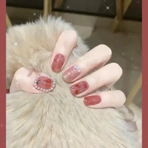 凝透红樱桃极光珍珠手工定制光疗美甲假指甲贴片穿戴甲小红书抖音