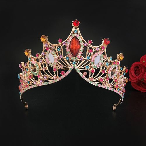 2022年新款儿童皇冠头饰彩色水晶巴洛克女童毕业晚会生日公主王冠