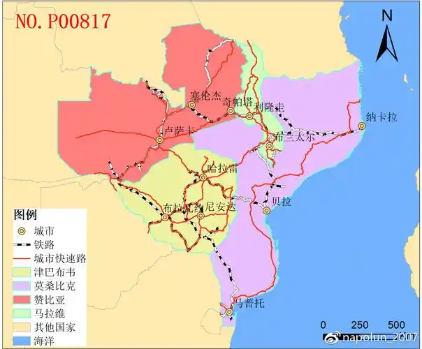 图 17 拟建塞奇铁路与南部非洲现有铁路及城市快速路分布图
