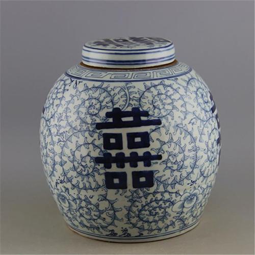 清代全品 全手工青花喜字罐 坛子 盖罐老罐子 古瓷器收藏古玩古董