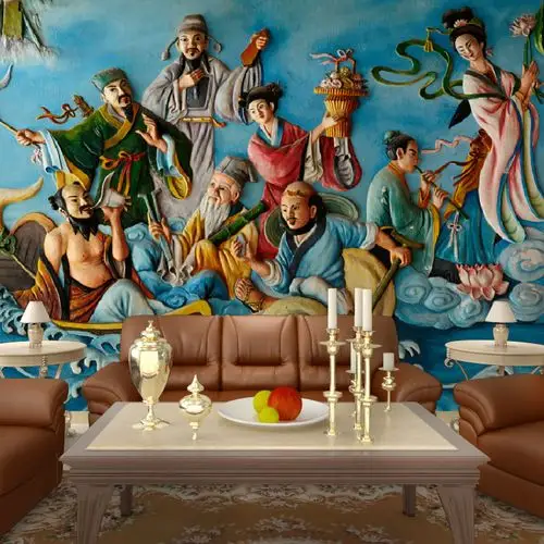 仿真浮雕大型壁画旺财3d立体墙纸客厅沙发电视背景墙壁纸八仙过海