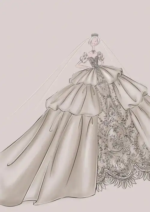 温柔的笔触干净的色调原创婚纱手稿图