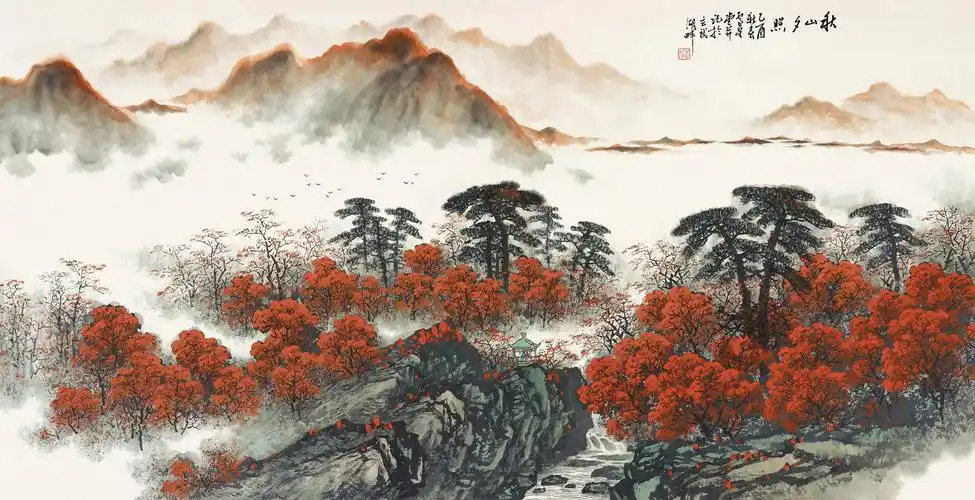 0427秋山夕照镜心设色纸本