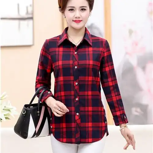 妈妈装春秋装长袖衬衣外套女中长款中老年人女装春季时尚格子衬衫