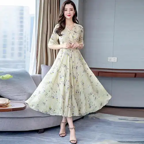 79下架dsd2019新款短袖碎花雪纺裙修身收腰连衣裙喇叭袖大摆裙nrh2053