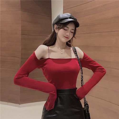 性感女神装 网红衣服女主播服装上镜性感一字肩上衣气质紧身打底衫t恤