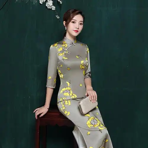 高档真丝桑蚕蚕丝旗袍长款中袖复古端庄大气旗袍