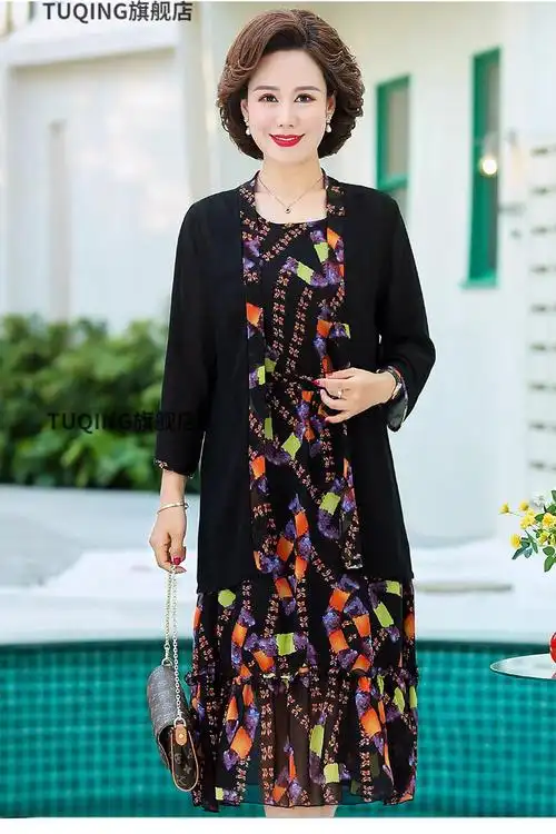 矮个子胖妈妈连衣裙中年女装中老年雪纺套装裙夏季时尚中年妈妈装两件