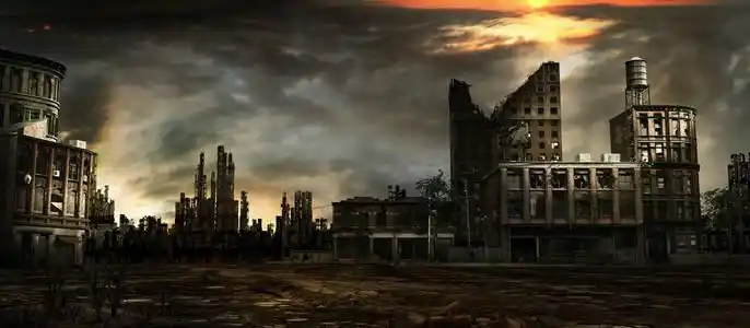 世界末日的风景和日落的毁灭城市照片