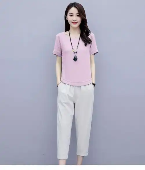 女装棉麻套装2020夏季新款圆领纯色短袖直筒七分裤气质休闲两件套