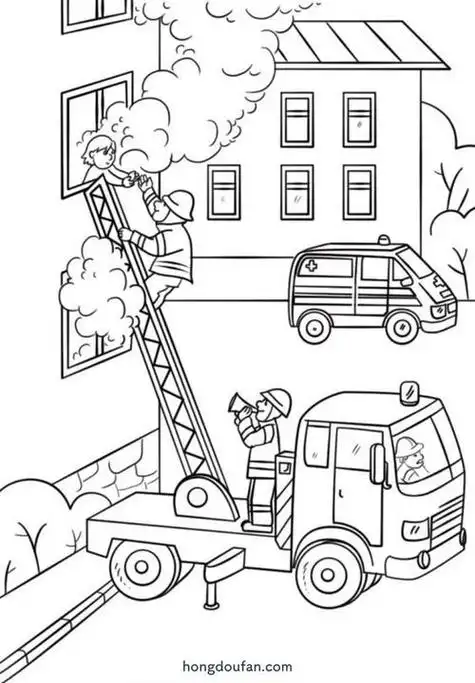 消防车喷水的简笔画