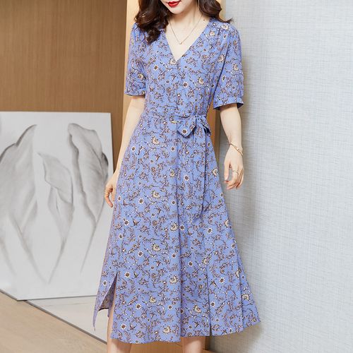 真丝连衣裙女2022款气质高腰显瘦碎花桑蚕丝长裙清凉温婉精致优雅