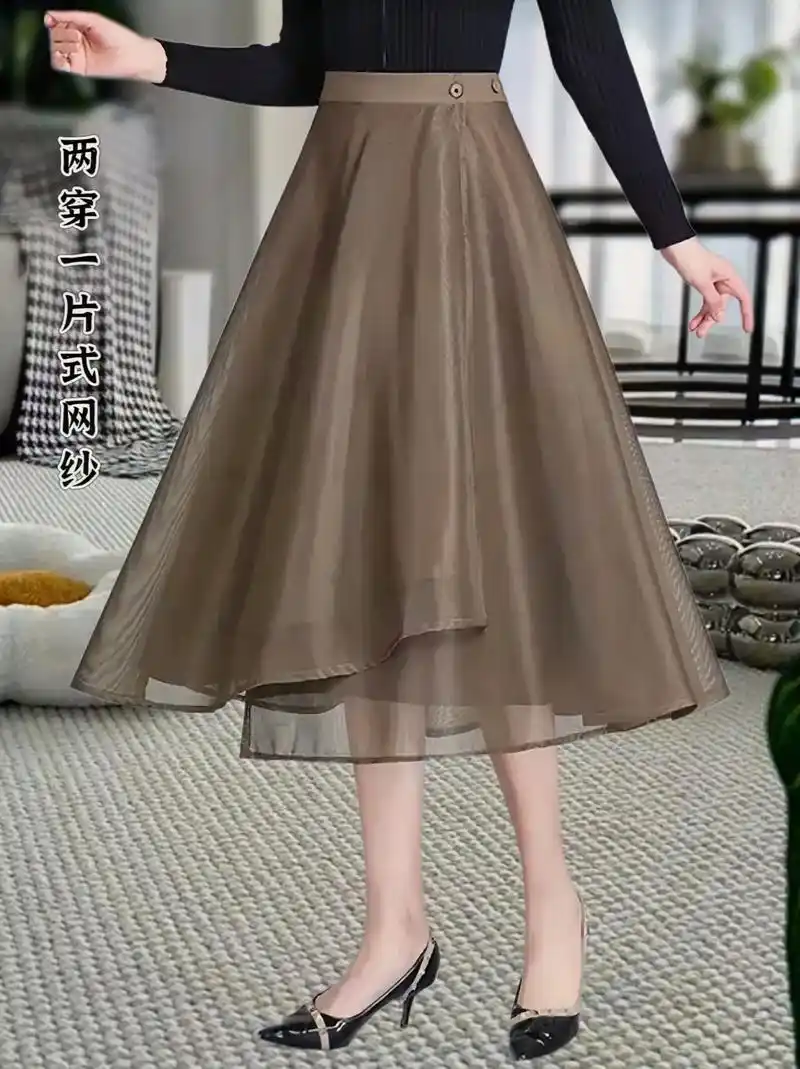 这条春秋冬款的半身裙太好看了,两穿一片式网纱半身裙女中长款大 - 抖