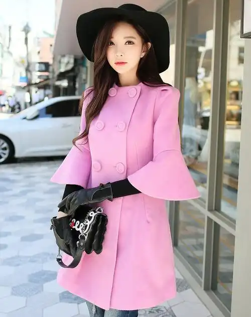 粉红大布娃娃气质喇叭袖双排扣中长大衣