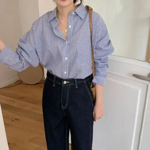 蓝色条纹衬衫女秋款韩版宽松蓝白条竖条纹职业打底衫外套