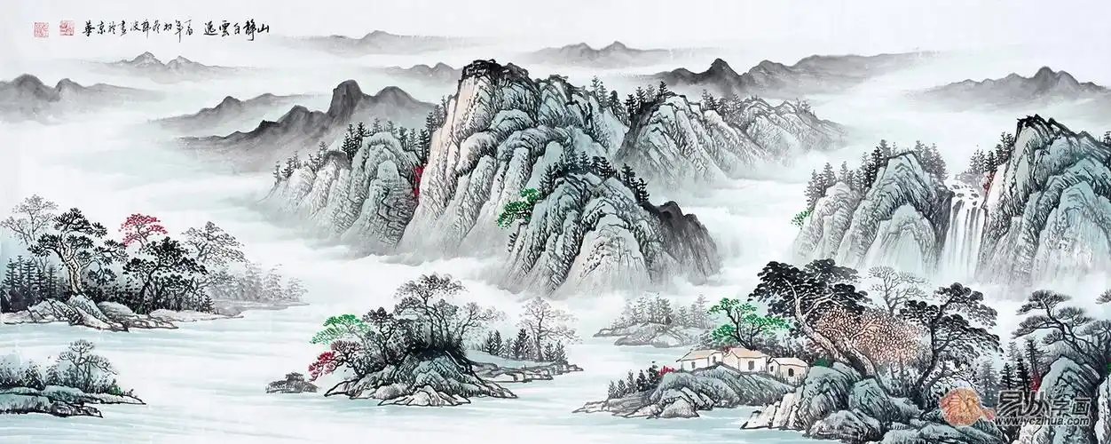 的清新雅致的山水画,就能够装饰出美丽的景色,比如这幅画色彩淡雅纯净