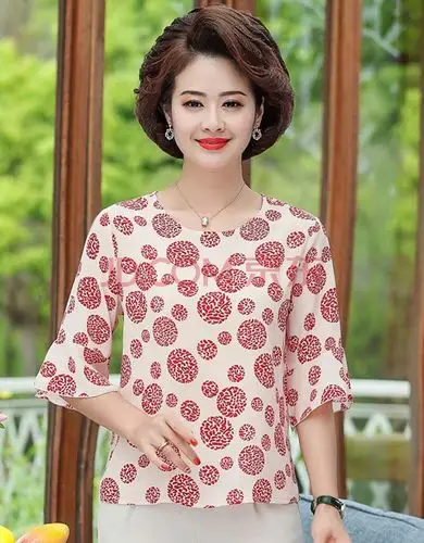 恒源祥妈妈夏装小衫新款气质中年女装薄款雪纺t恤大码女士短袖上衣