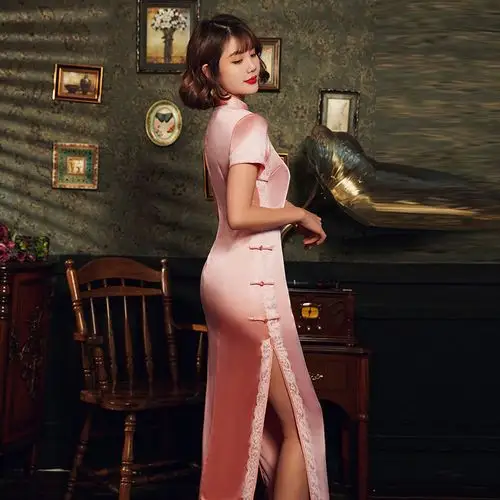 改良旗袍绿色修身高开叉长款女复古中国风老上海日常生活装连衣裙