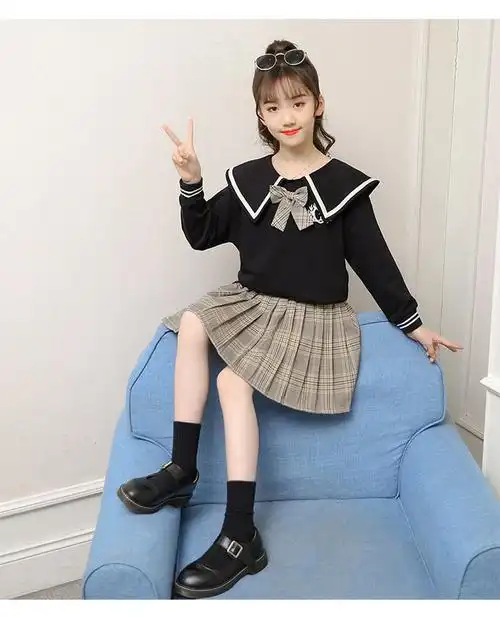 jk制服儿童学生少女学院风百褶裙套装女童春装小女孩洋气初中生格子裙