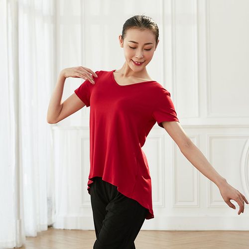 舞之恋现代舞飘逸服装v领半短袖宽松练功服成人女上衣显瘦