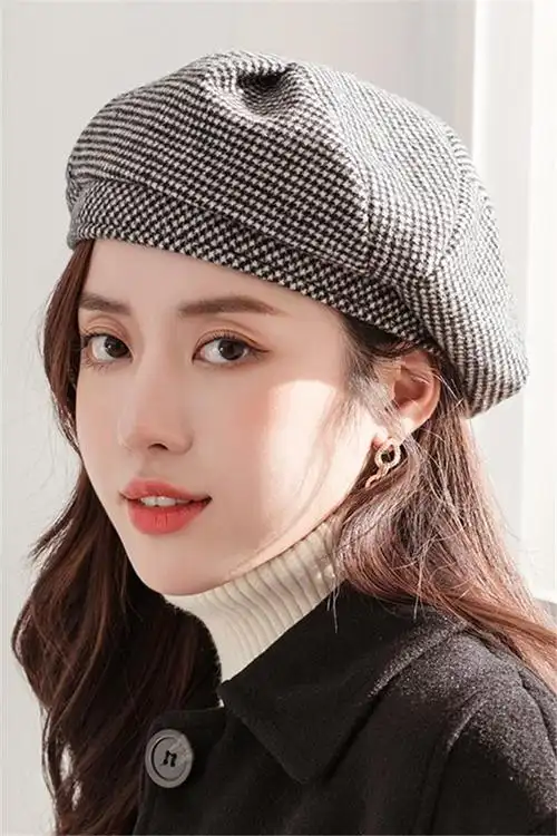 strong>帽子 /strong> strong>女 /strong>冬季时尚韩版百搭格纹