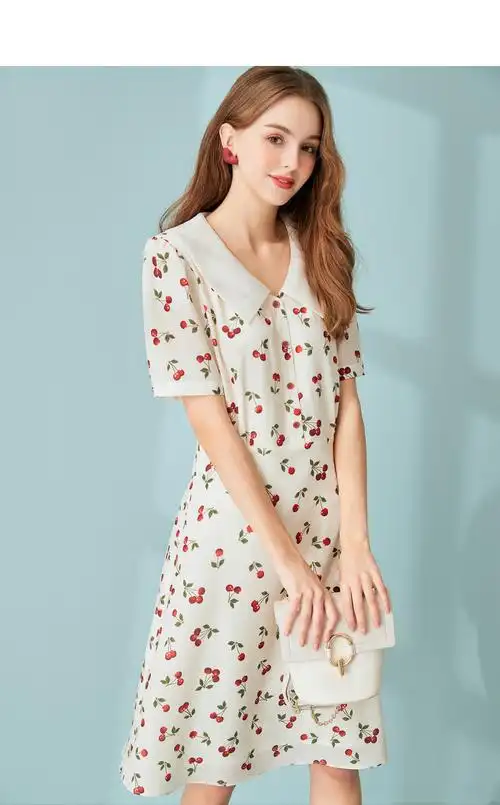 碎花连衣裙女雪纺裙子kbne夏季娃娃领法式初恋裙复古超仙女装 米色花