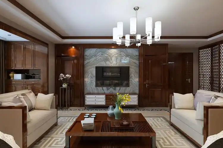 127平米新中式风格三居室客厅电视墙家装效果图