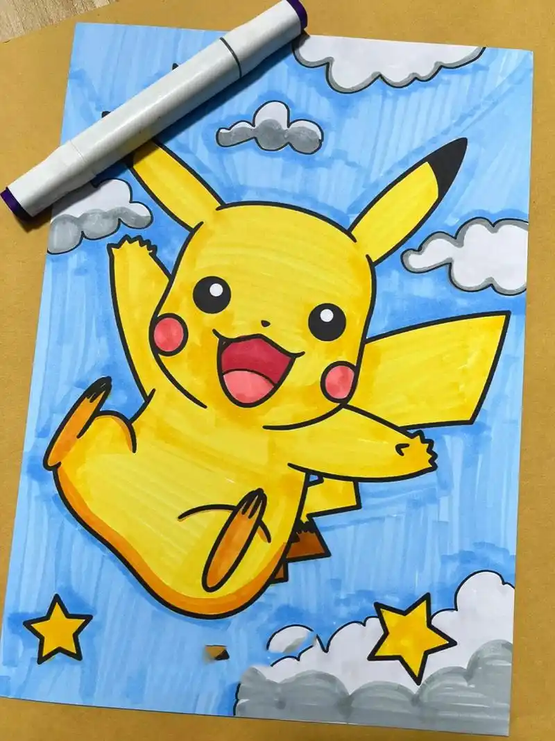 皮卡丘啦,马克笔低龄儿童画皮卡丘 马克笔低龄儿童画皮卡丘素材绘画卡