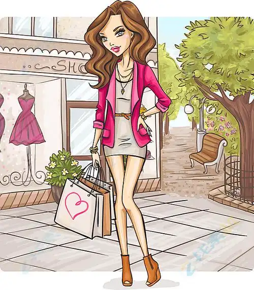 卡通时尚购物女子矢量素材下载