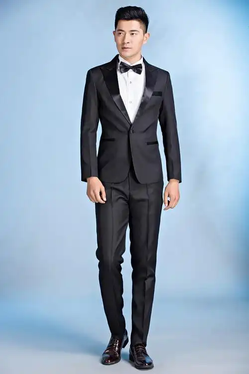 罗蒙(romon)西服套装修身韩版黑西装男士礼服演出服主持燕尾装婚礼
