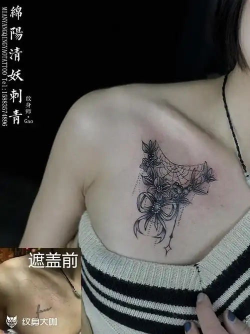 胸口蝴蝶结遮盖纹身_纹身图案手稿图片_李中杨的纹身作品集