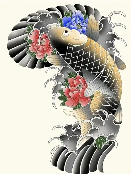 分享一款彩色牡丹花鲤鱼花臂纹身手稿,情侣款#纹身手稿