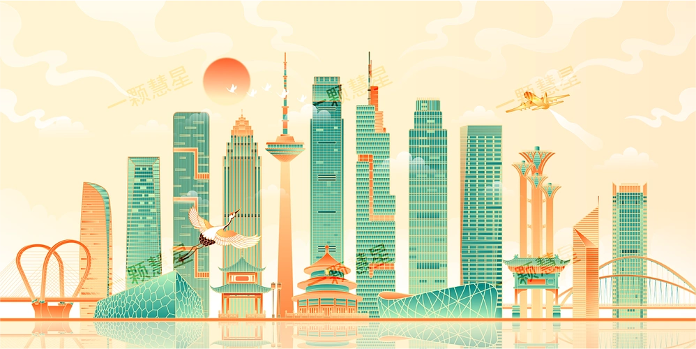 国风中国城市地标建筑矢量插画