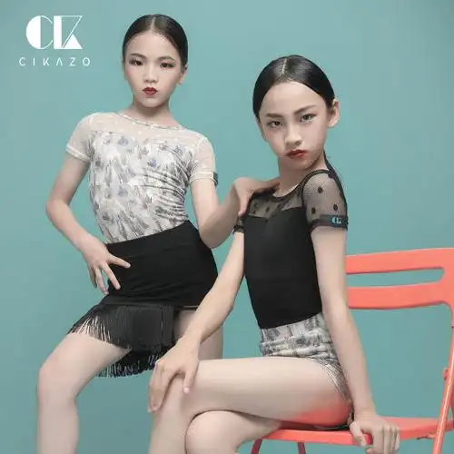 茜卡索 拉丁舞上衣夏女儿童舞蹈练功服新款少儿露背分体衣g1197