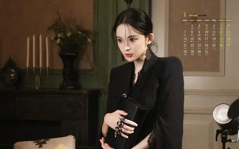 2019年1月古力娜扎冷艳黑色系高清日历壁纸