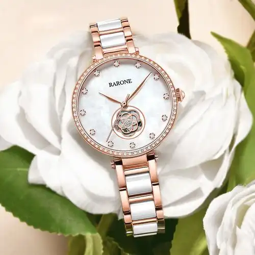 情人节女友雷诺女士手表时尚正品山茶花陶瓷防水国产腕表