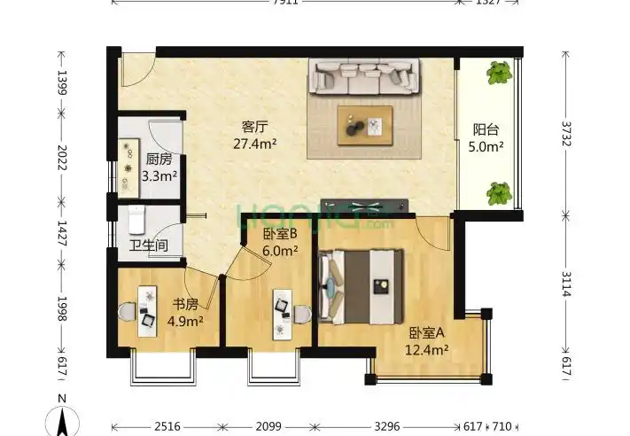 北京索家坟2室1厅1卫60平米户型图