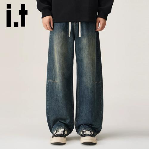 it izzue美式拼接牛仔裤秋冬季2025男士宽松直筒阔腿裤弯刀裤子y