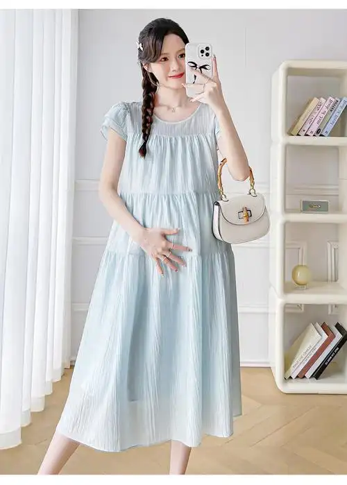 实拍孕妇装夏季新款法式甜美小飞袖连衣裙气质温柔风宽松孕妇裙 - 17