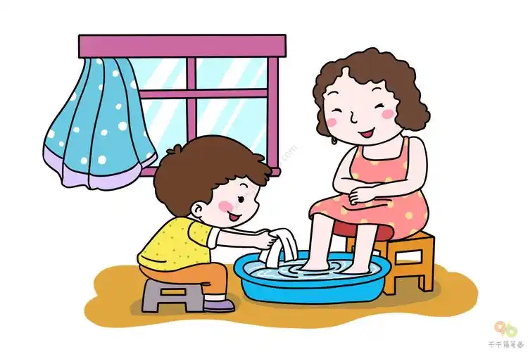 小男孩给妈妈洗脚简笔画