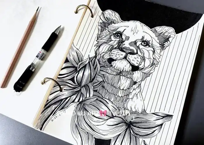 签字笔画线描狮子