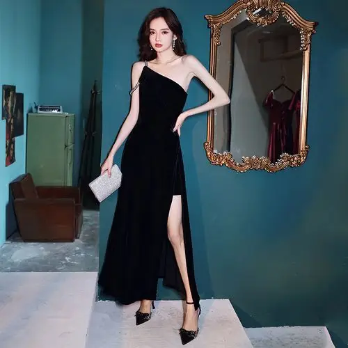 黑色丝绒晚礼服2020新款气质名媛单肩生日小众宴会礼服