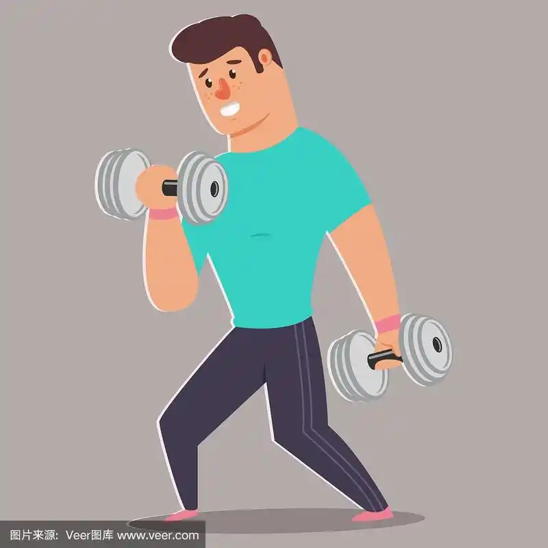 我在用哑铃做健身操.可爱的家伙卡通矢量人物孤立的背景.