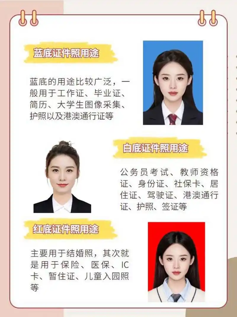 常用尺寸是一寸,二寸,小一寸,小二寸,大二寸 证件照常见的三种焉