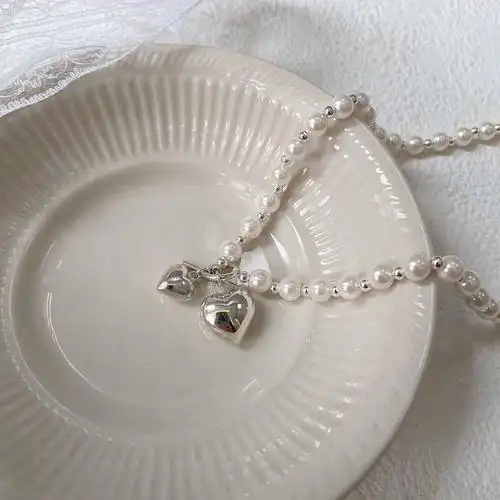 银瑞泰s925纯银爱心珍珠项链女韩国2024新款女夏天小众轻奢锁骨链