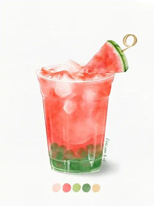ipad水彩procreate饮料西瓜啵啵乌龙茶
